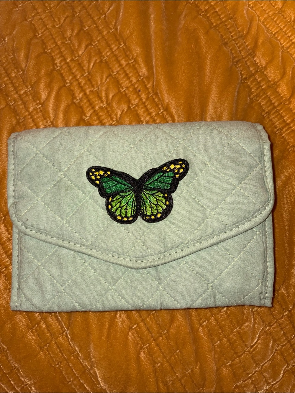Hand Crafted Quilted Light Green Wallet with Green Butterfly Patch